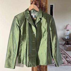 Talbots Womens 100% Silk Woven Shantung Jacket Size 8 Green Silk Coat